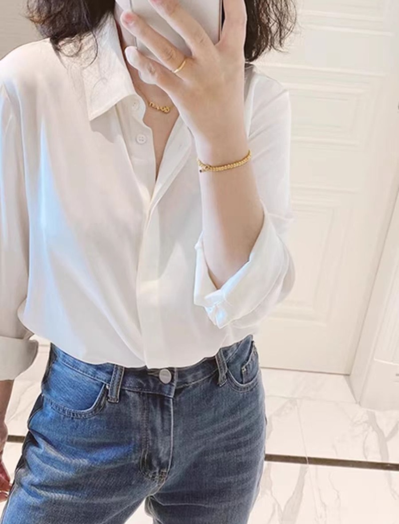 Long sleeve pointed collar tops white shirt for women