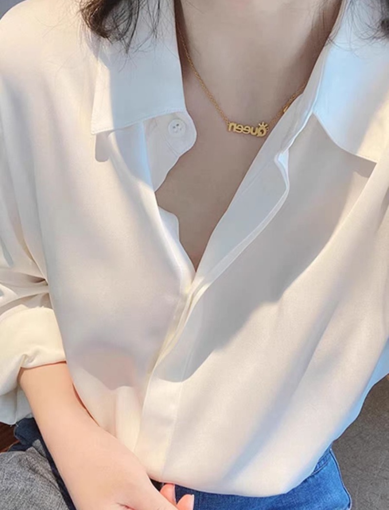 Long sleeve pointed collar tops white shirt for women