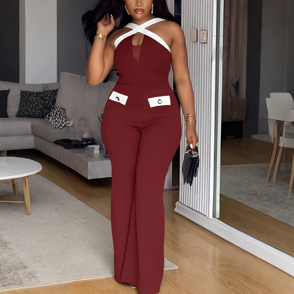 Mixed colors elegant wide leg sling cross jumpsuit