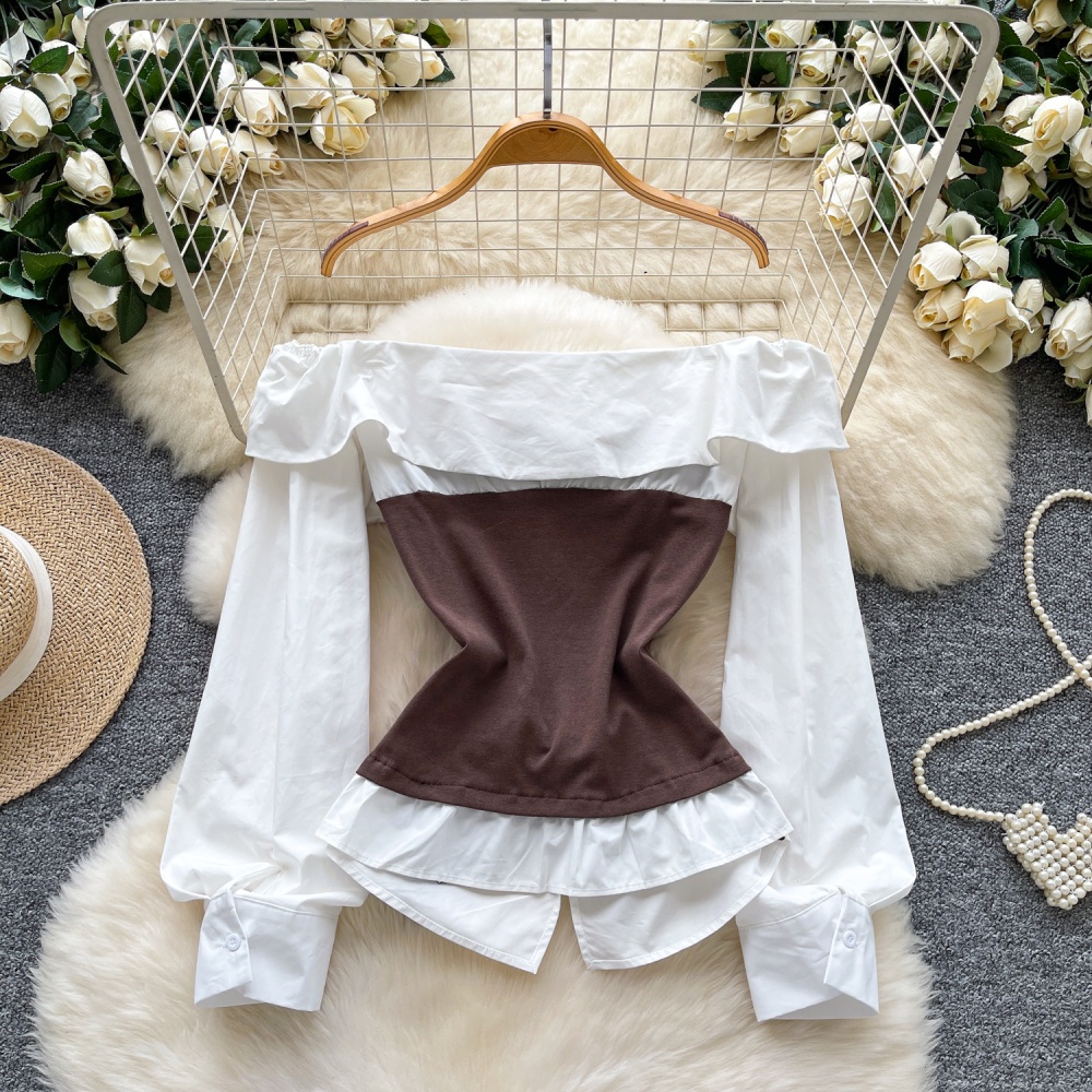 Flat shoulder long sleeve shirt splice unique tops for women