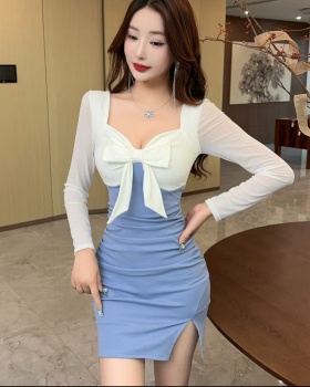 Bow ladies splice slim temperament fashion split dress