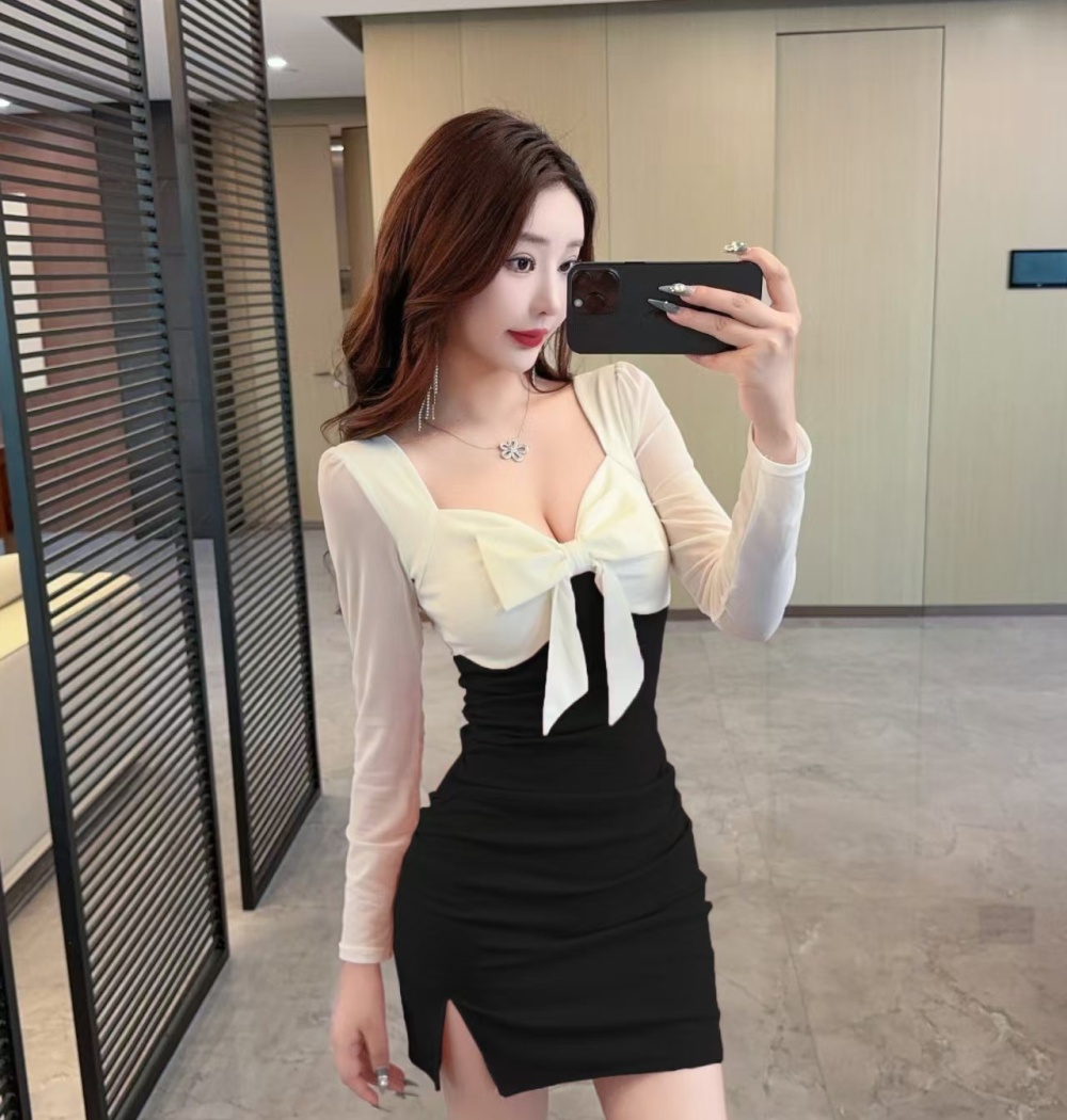 Bow ladies splice slim temperament fashion split dress