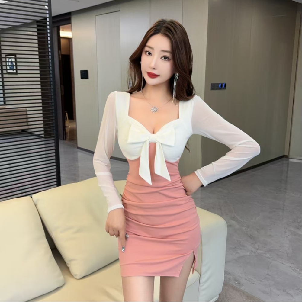 Bow ladies splice slim temperament fashion split dress