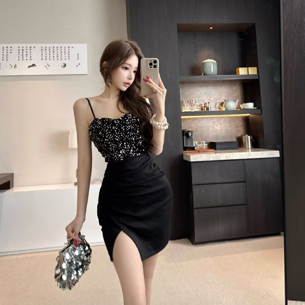 Banquet split splice sexy bottoming sequins dress