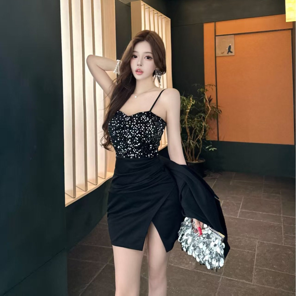 Banquet split splice sexy bottoming sequins dress