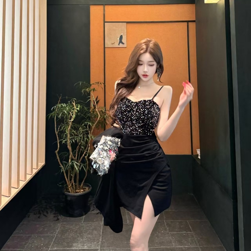 Banquet split splice sexy bottoming sequins dress