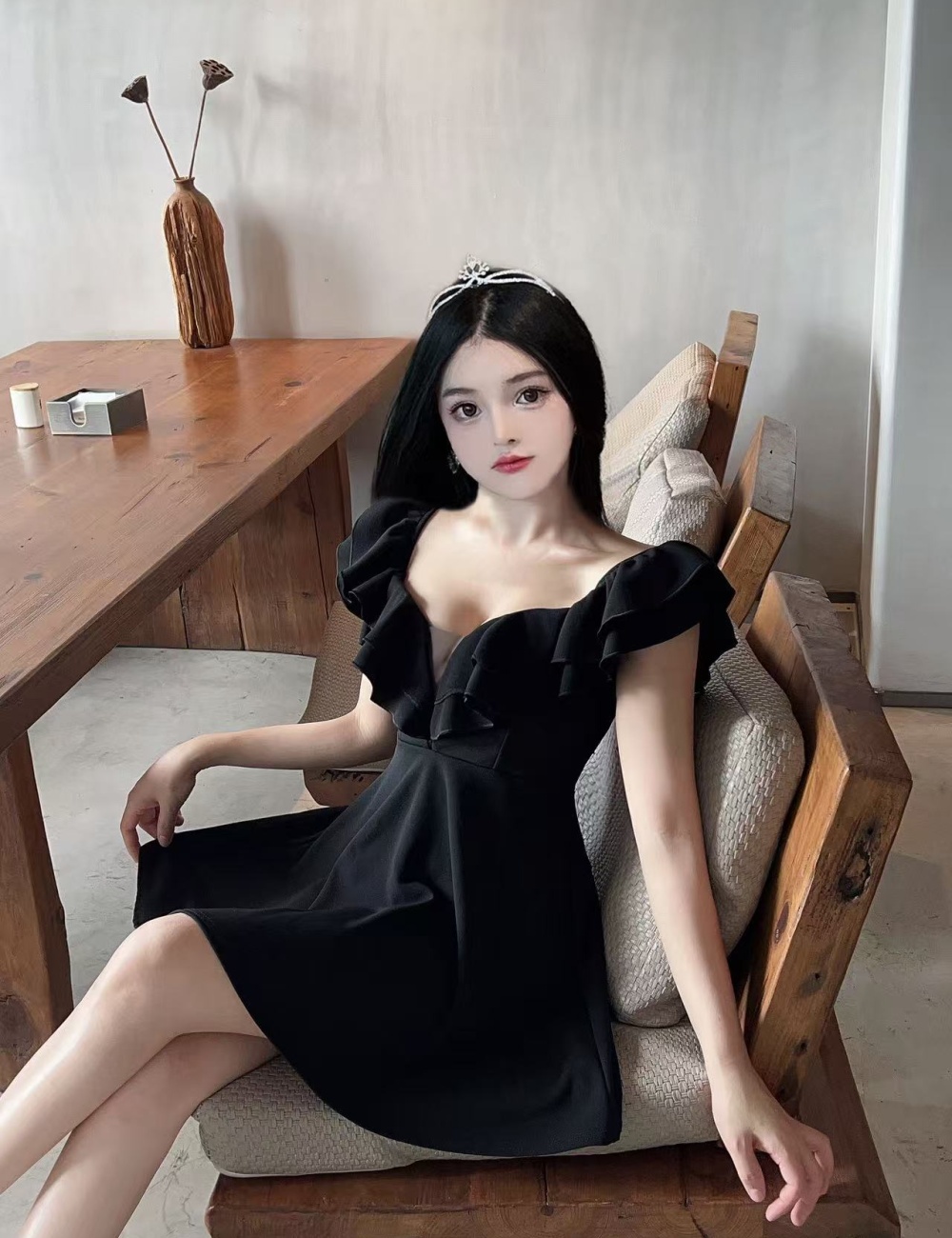 Slim spicegirl sexy A-line halter V-neck pinched waist dress