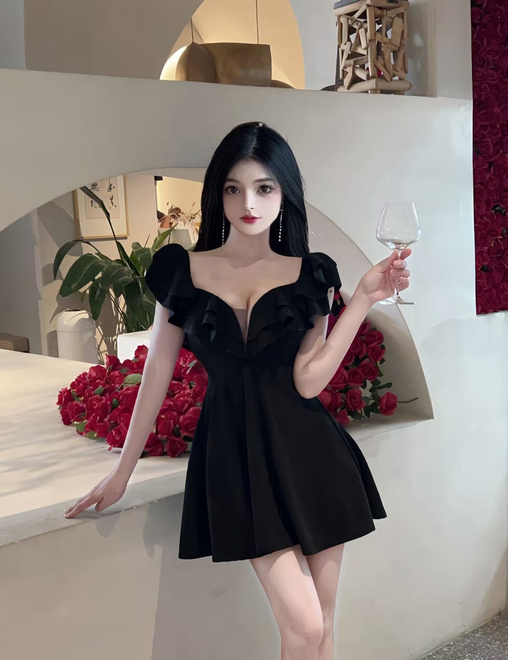 Slim spicegirl sexy A-line halter V-neck pinched waist dress