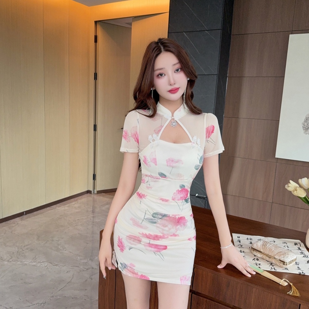Short sleeve printing cheongsam gauze split dress