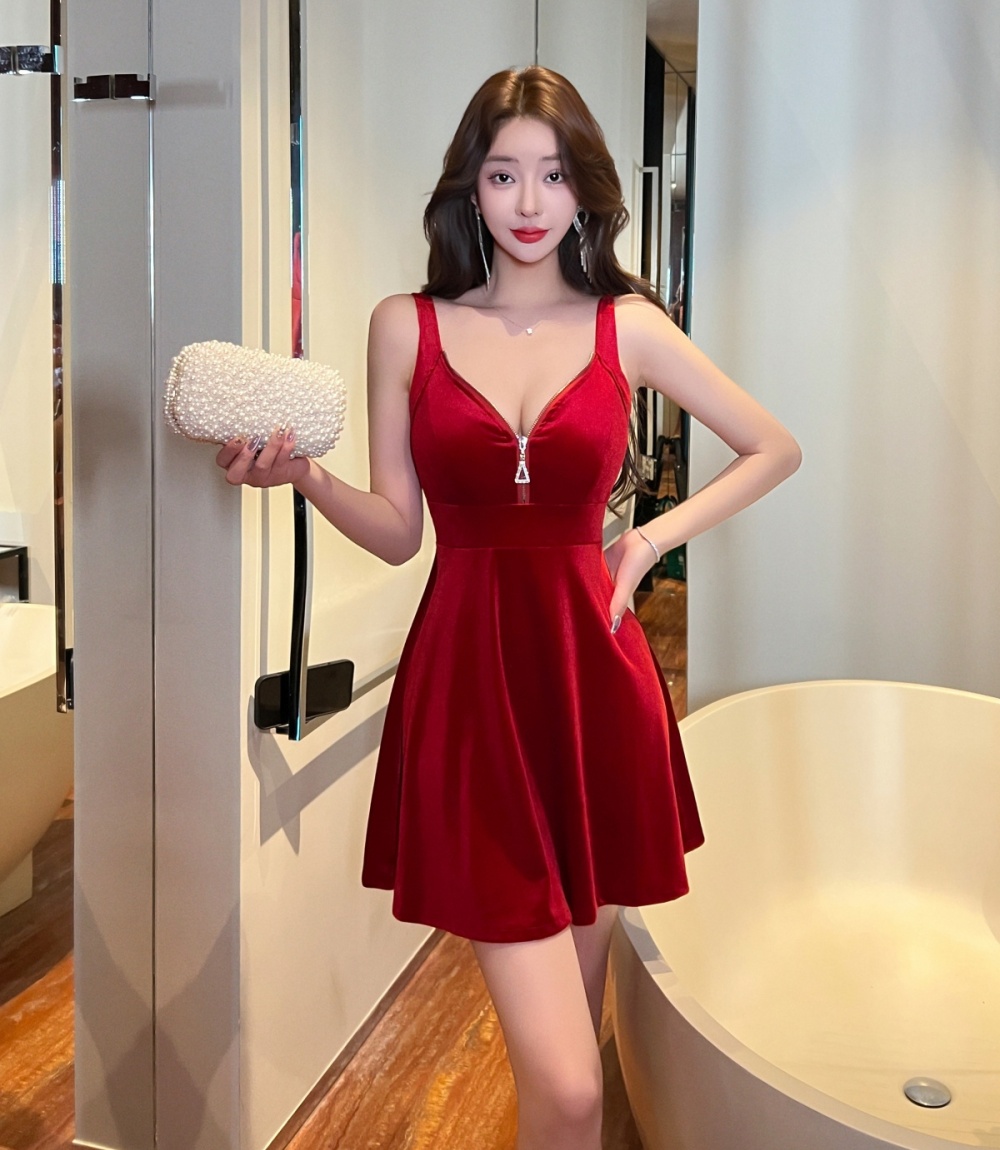 Low-cut folds sexy slim temperament sling A-line zip dress
