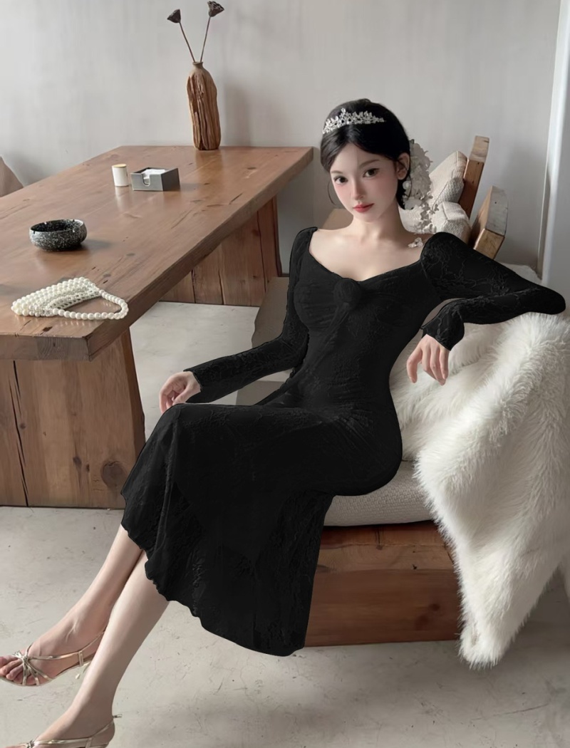 Long sleeve temperament dress package hip long dress