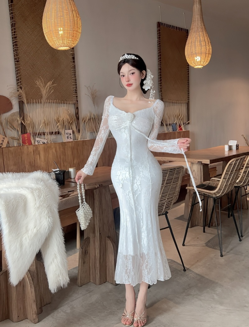 Long sleeve temperament dress package hip long dress
