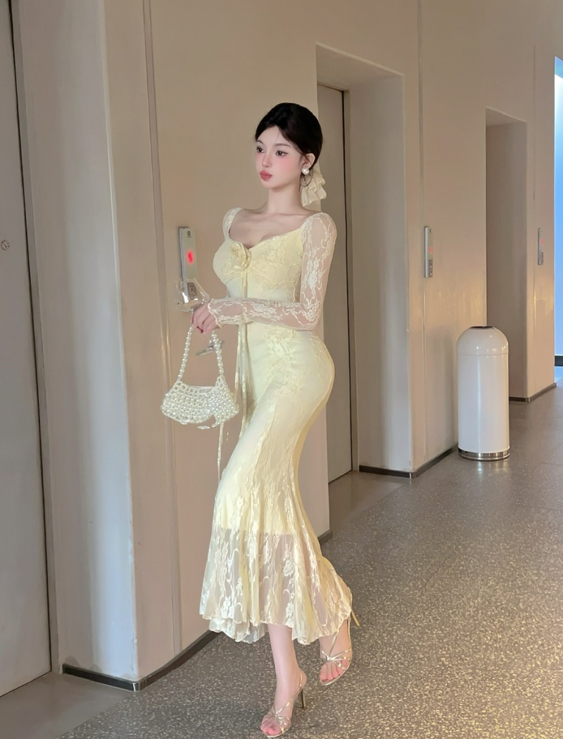 Long sleeve temperament dress package hip long dress