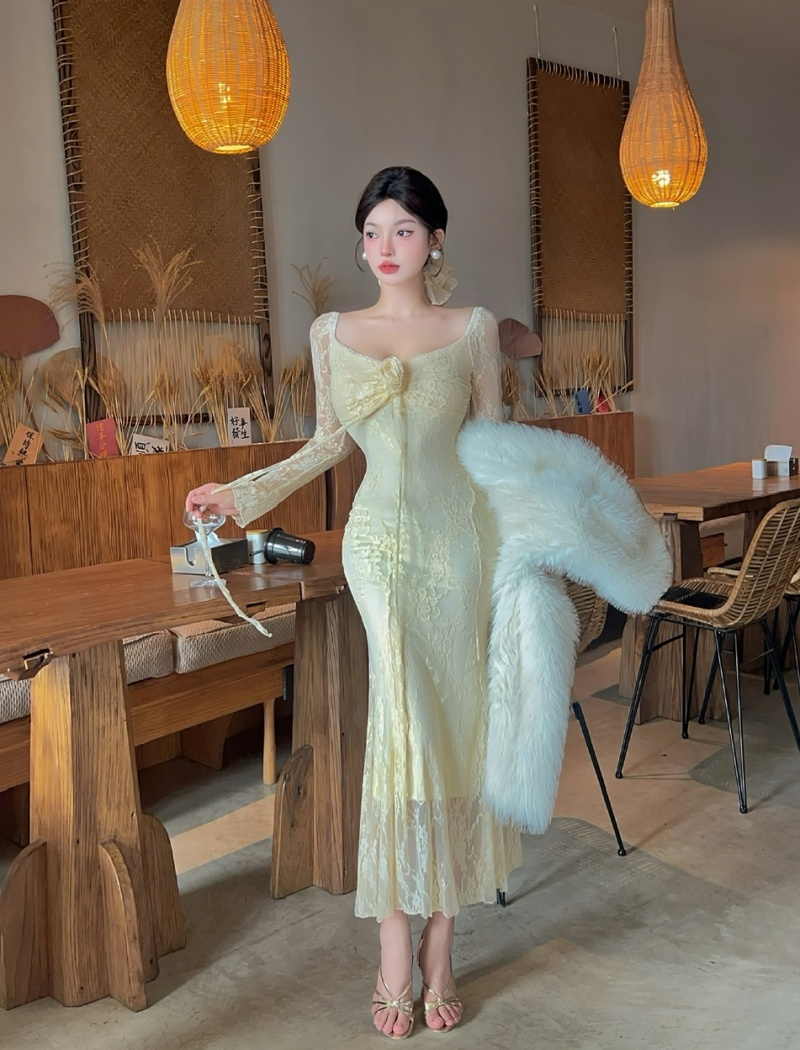 Long sleeve temperament dress package hip long dress