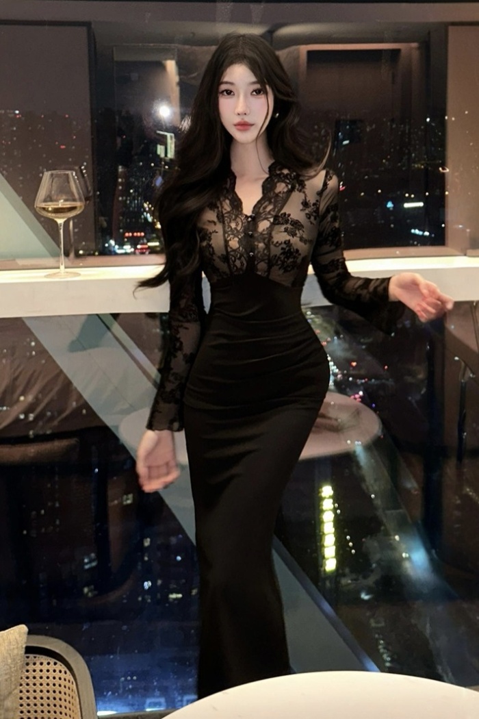 Black sexy formal dress slim long dress for women