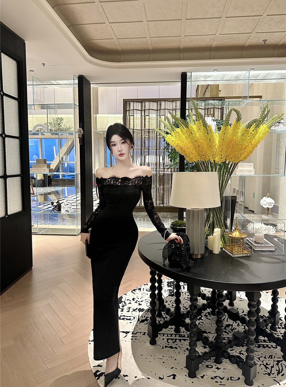 Autumn long sleeve formal dress lace long dress for women