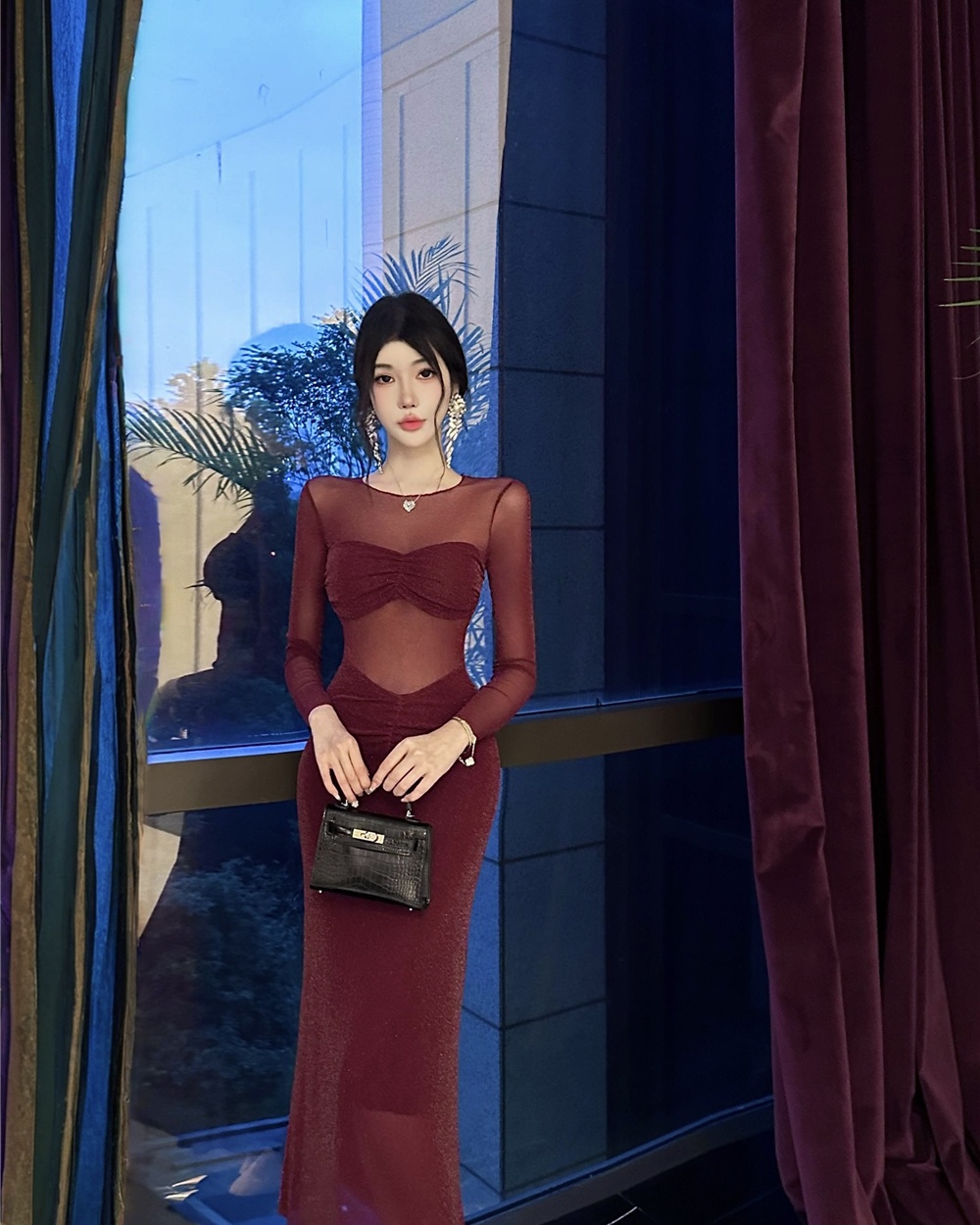 Slim formal dress long sleeve long dress for women