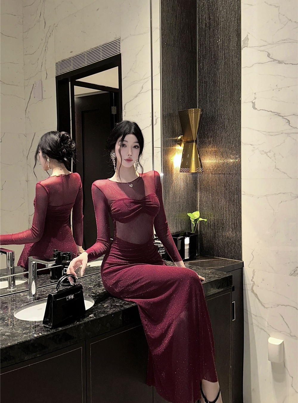 Slim formal dress long sleeve long dress for women