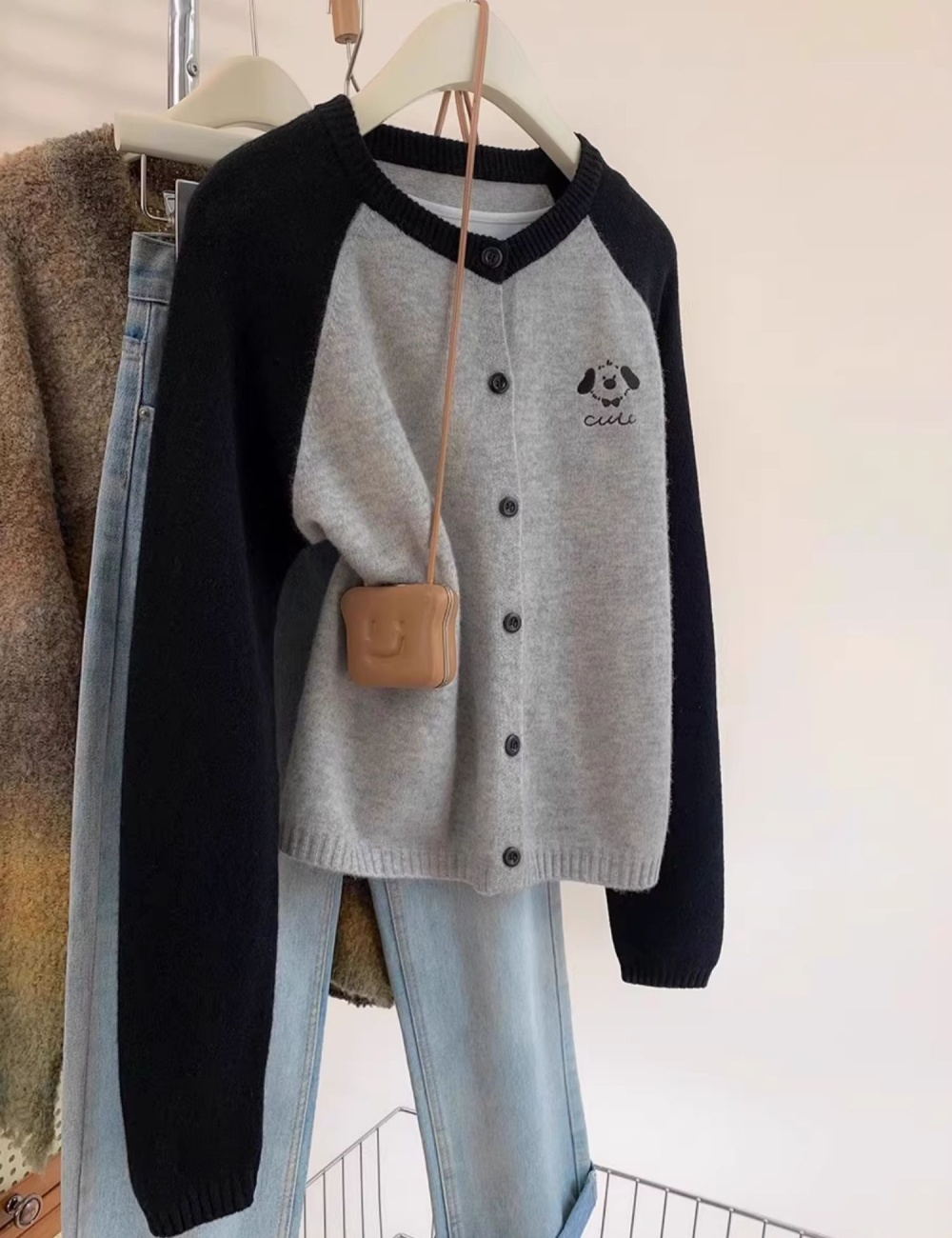Raglan puppy gray cardigan knitted wears outside coat for women