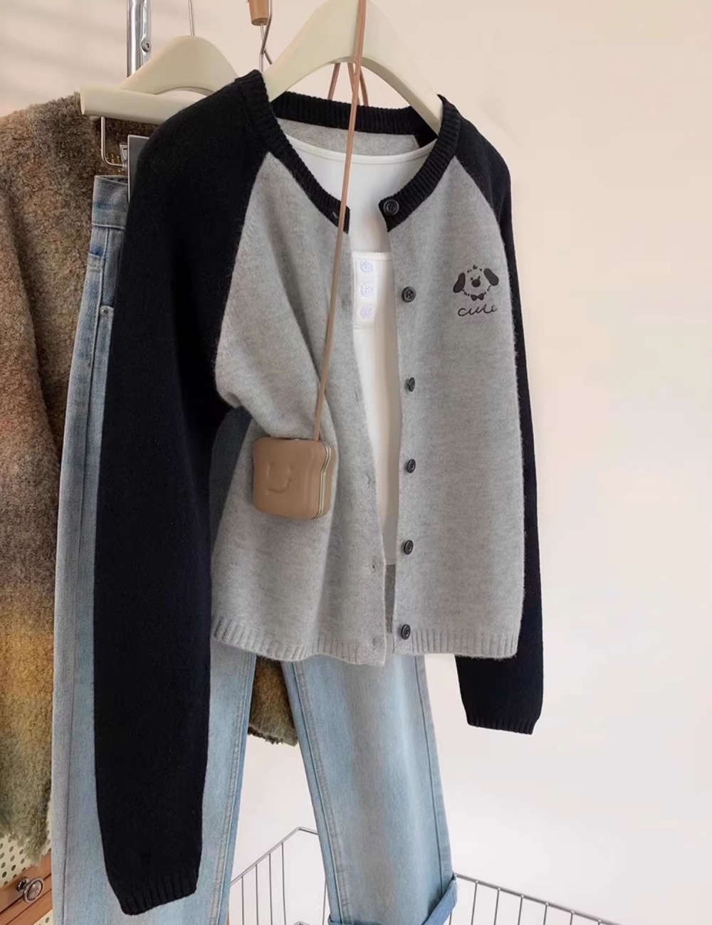 Raglan puppy gray cardigan knitted wears outside coat for women
