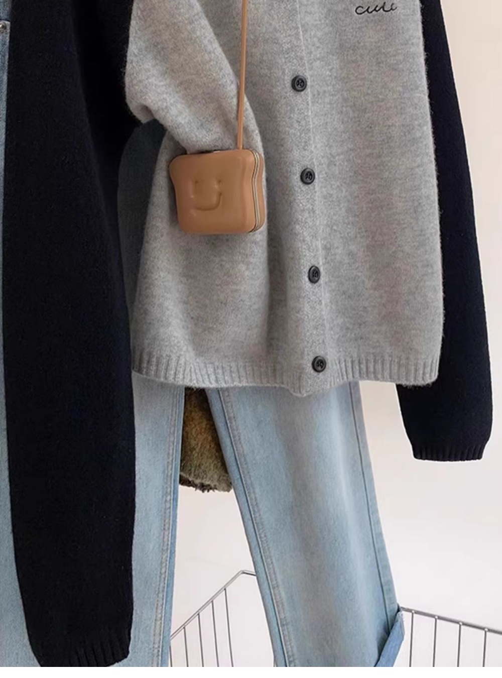 Raglan puppy gray cardigan knitted wears outside coat for women