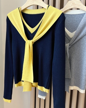 All-match V-neck tops long sleeve shawl 2pcs set for women