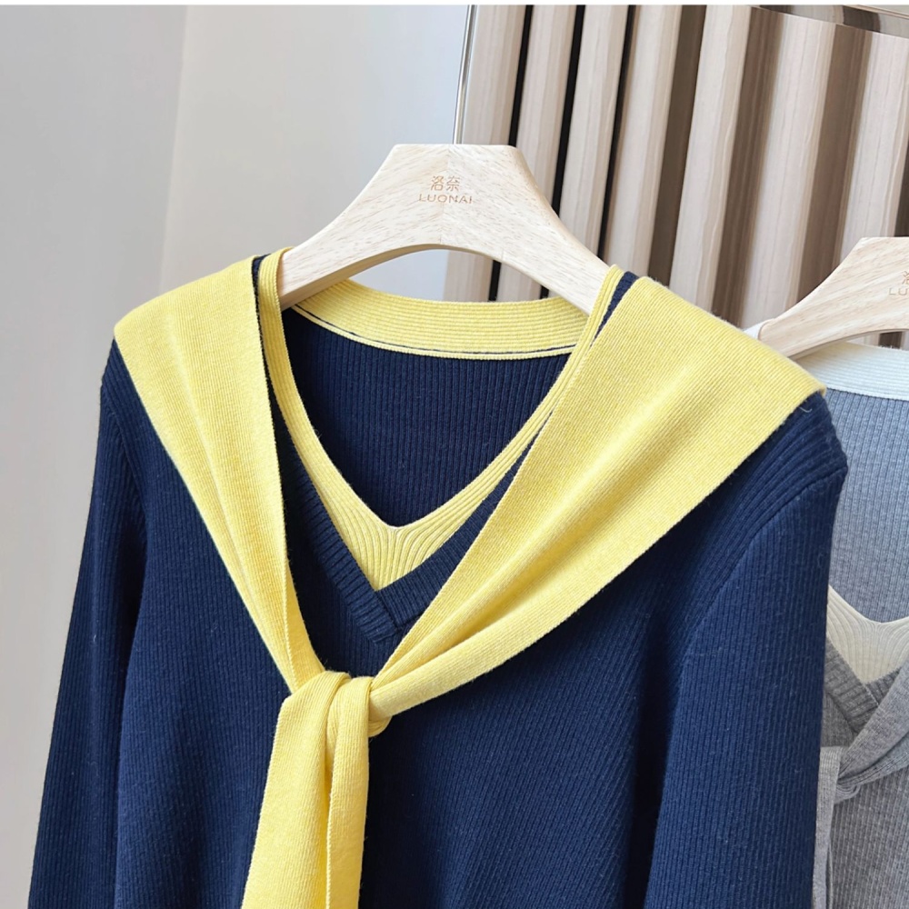 All-match V-neck tops long sleeve shawl 2pcs set for women