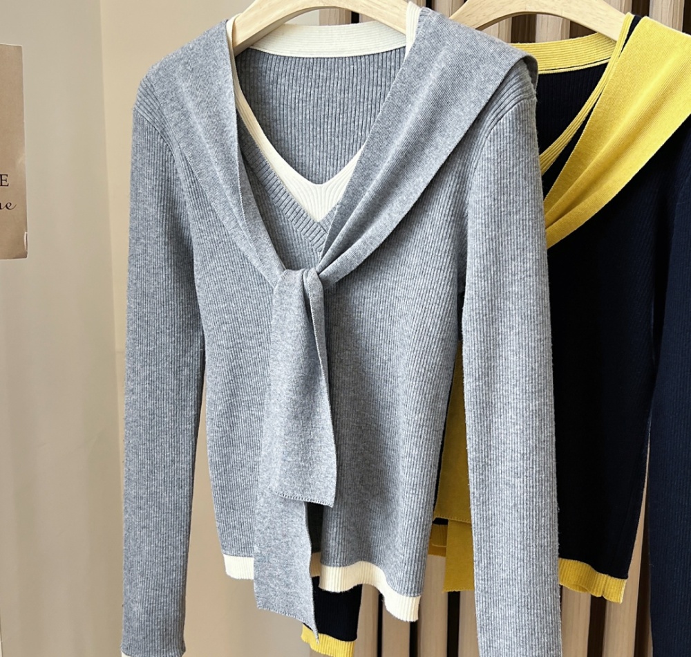 All-match V-neck tops long sleeve shawl 2pcs set for women