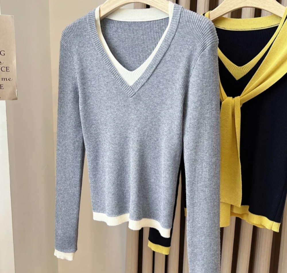 All-match V-neck tops long sleeve shawl 2pcs set for women