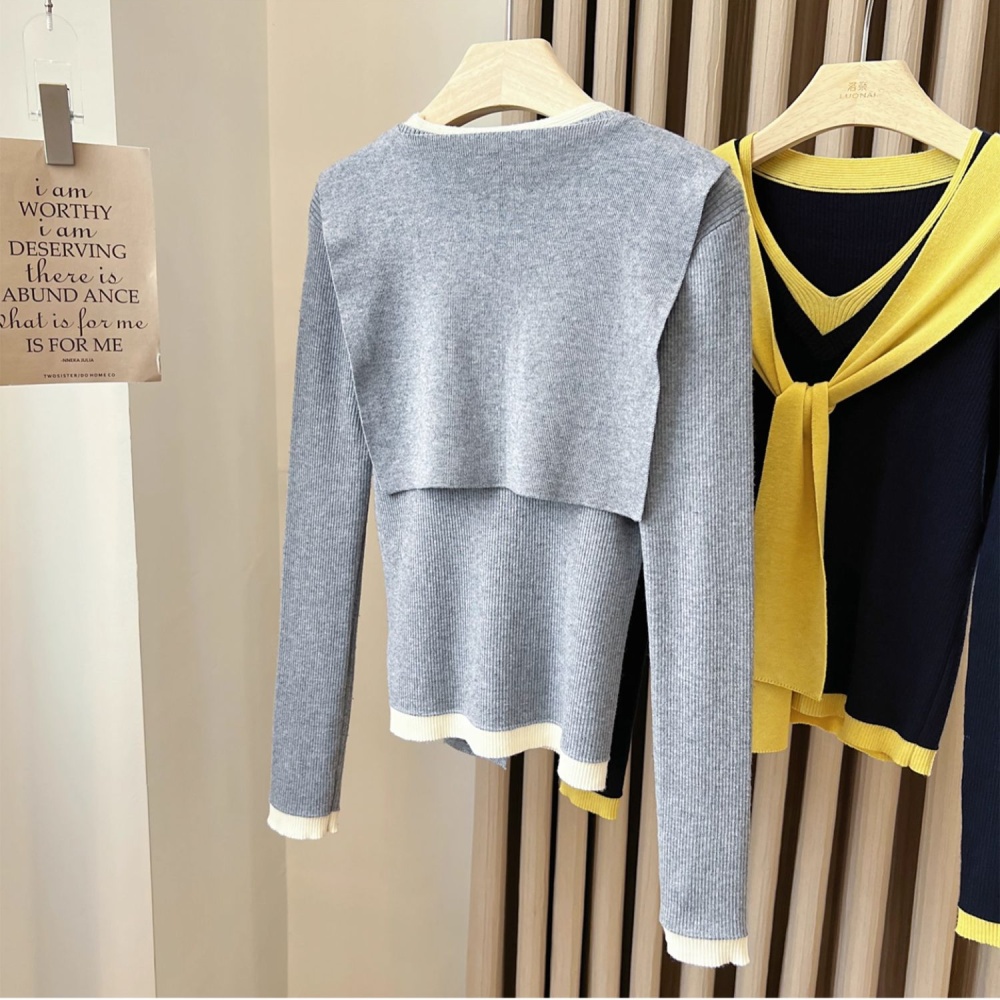 All-match V-neck tops long sleeve shawl 2pcs set for women