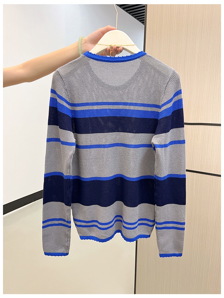 Stripe hollow long sleeve mixed colors sweater for women