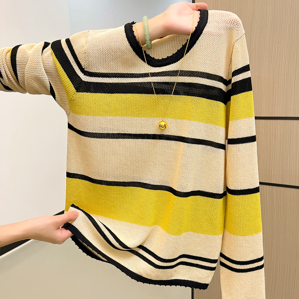 Stripe hollow long sleeve mixed colors sweater for women
