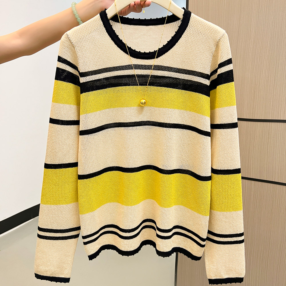 Stripe hollow long sleeve mixed colors sweater for women
