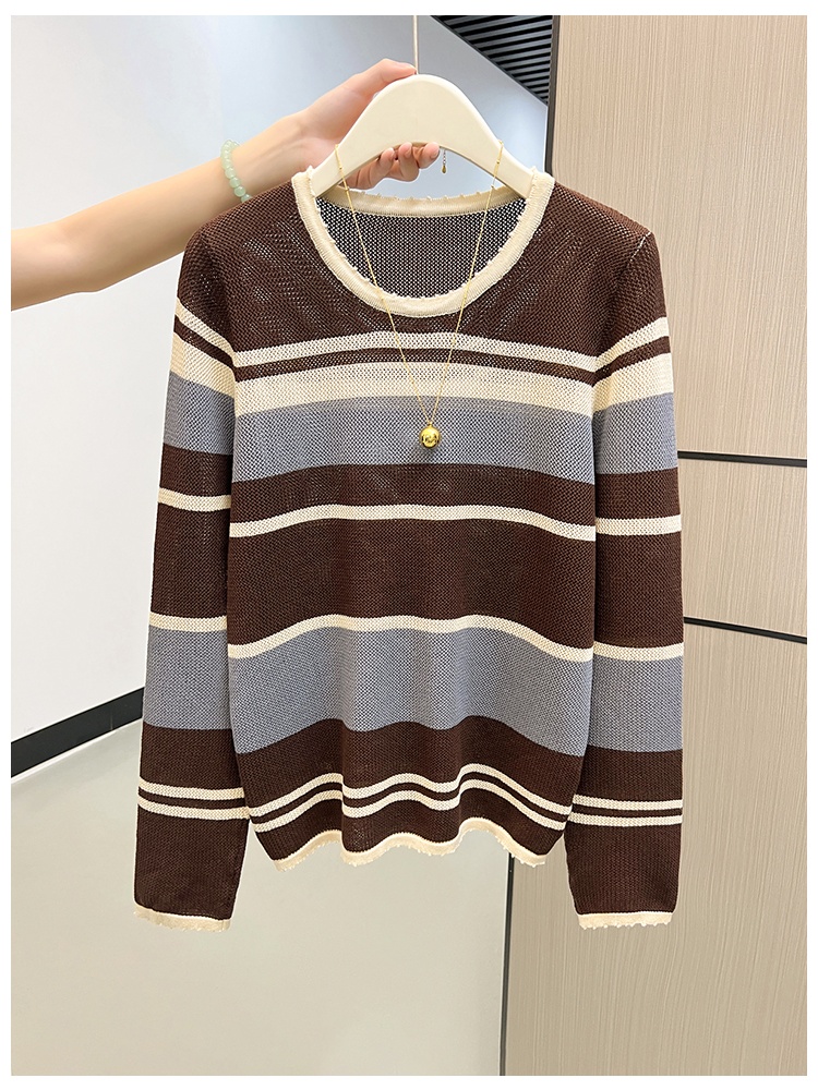 Stripe hollow long sleeve mixed colors sweater for women