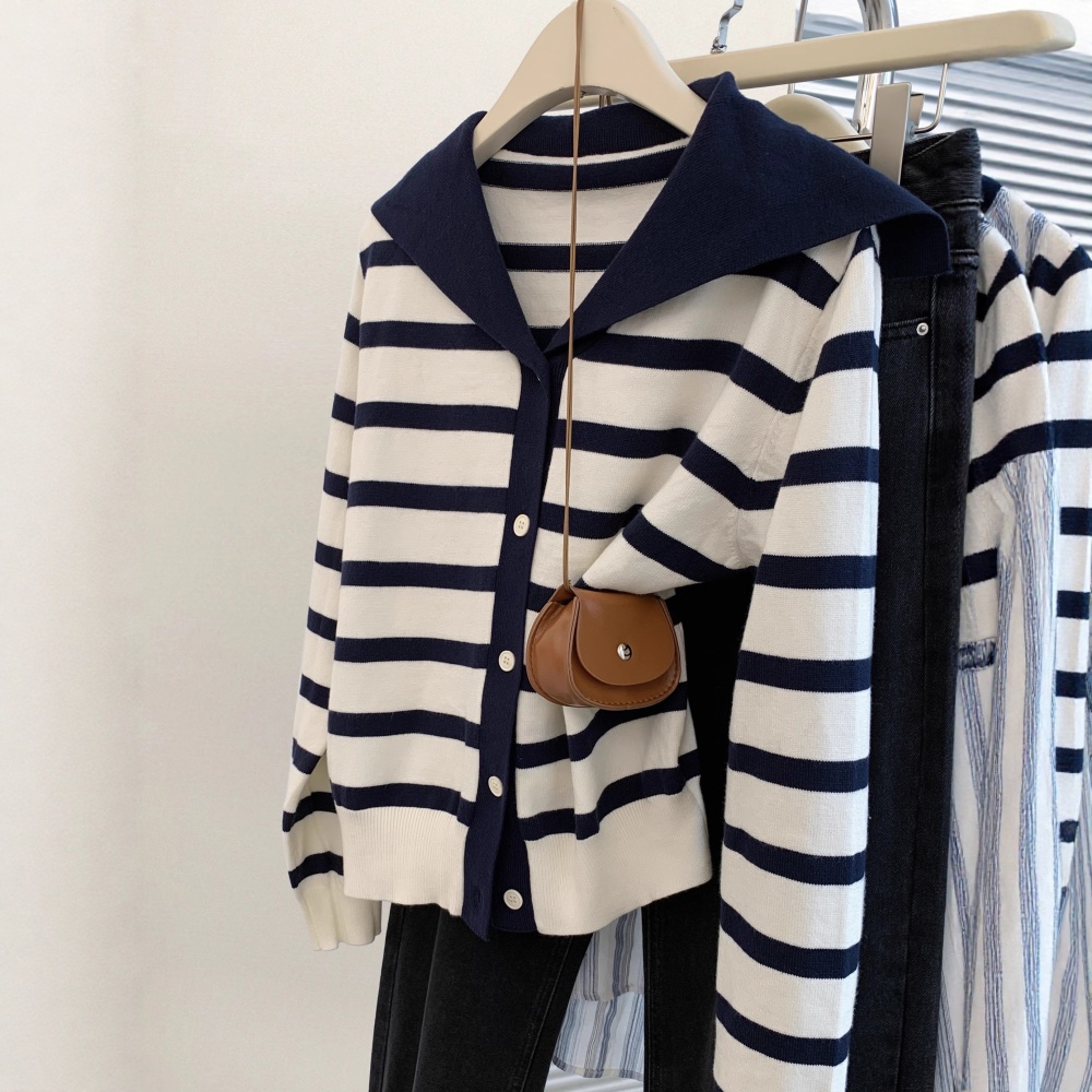 College style wool cardigan navy collar coat for women