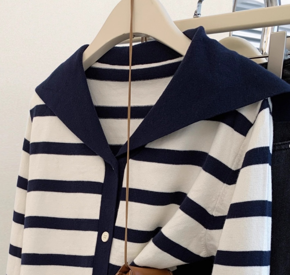 College style wool cardigan navy collar coat for women