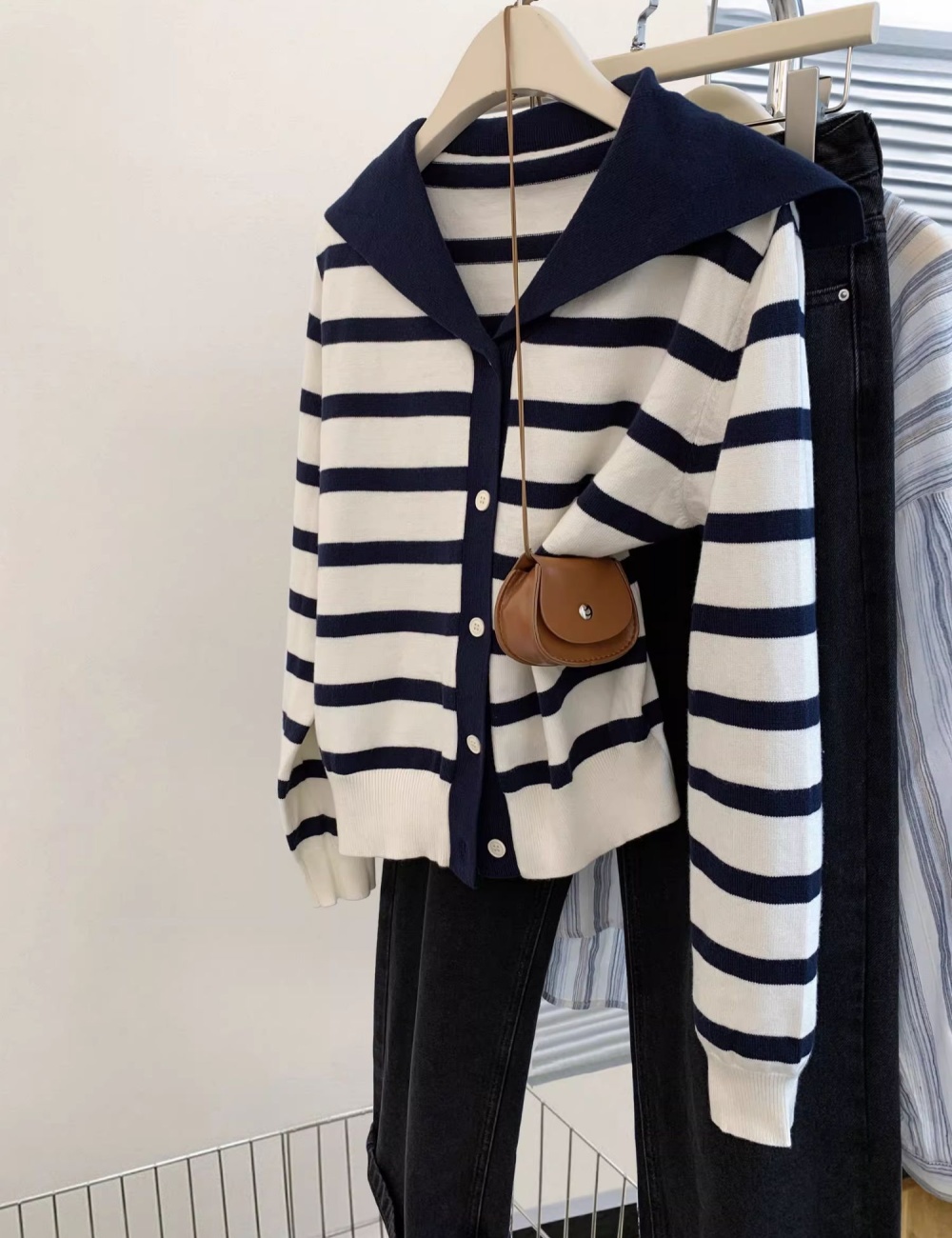 College style wool cardigan navy collar coat for women