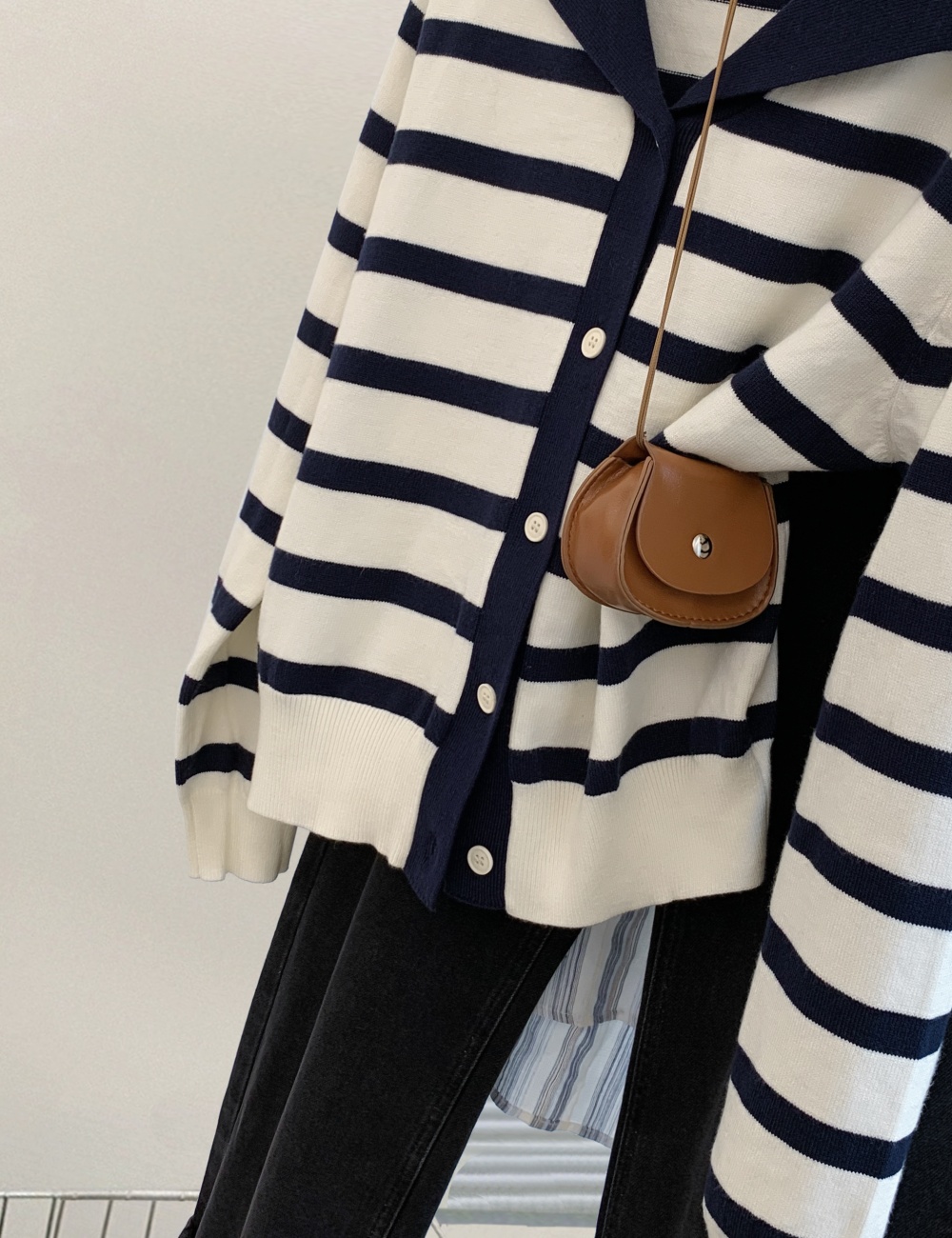 College style wool cardigan navy collar coat for women