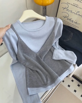Round neck sling sweater wears outside vest 2pcs set
