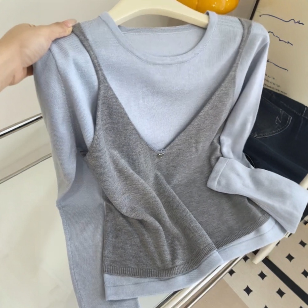 Round neck sling sweater wears outside vest 2pcs set
