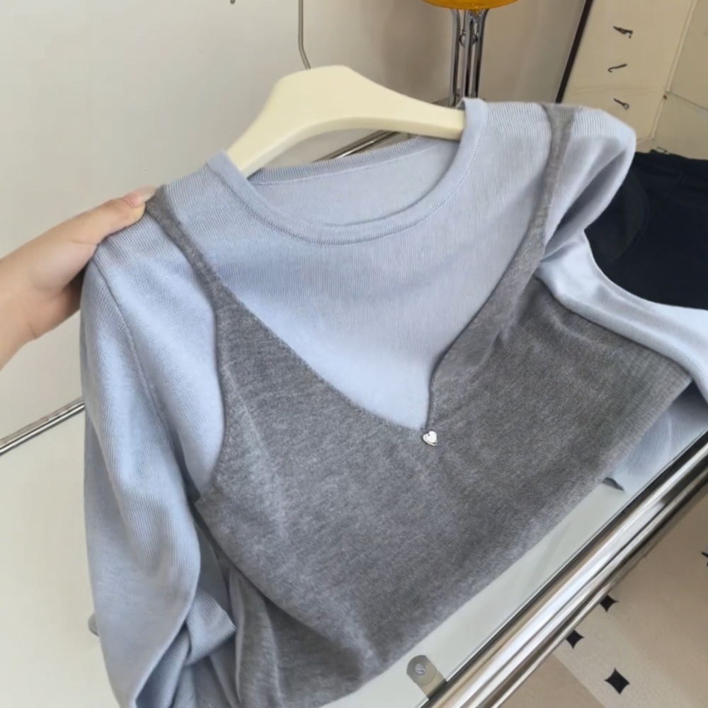 Round neck sling sweater wears outside vest 2pcs set