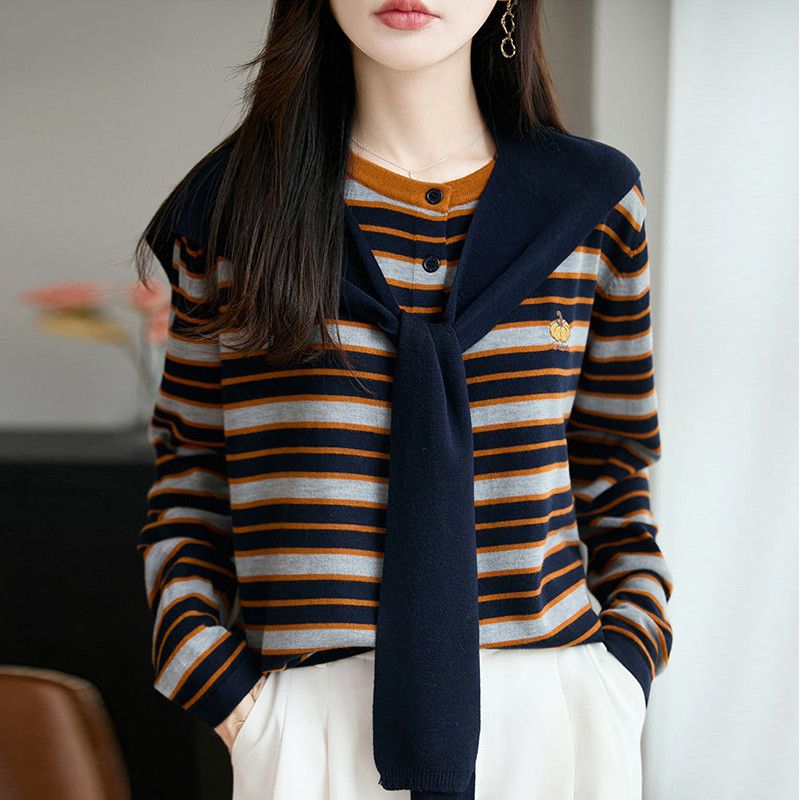 Fashion shawl stripe tops 2pcs set for women
