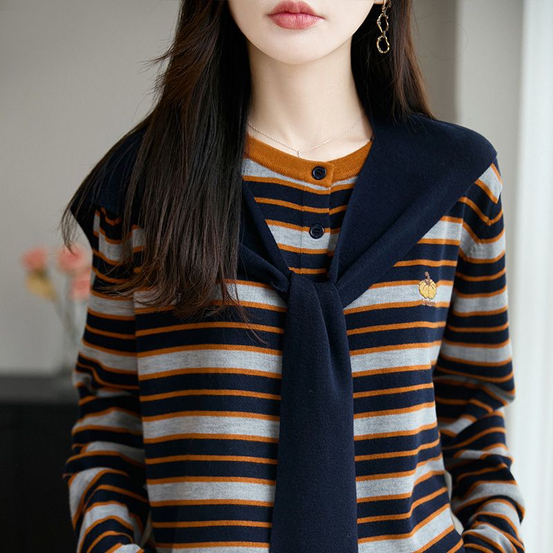 Fashion shawl stripe tops 2pcs set for women