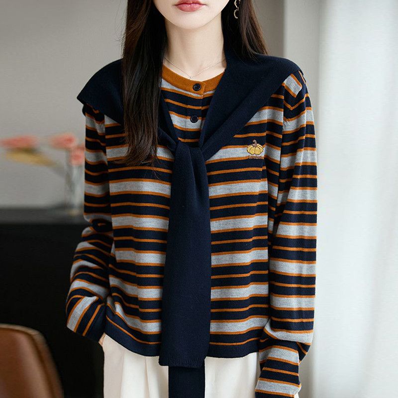 Fashion shawl stripe tops 2pcs set for women