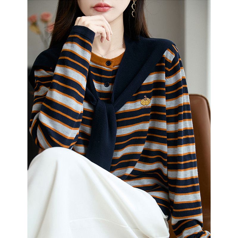 Fashion shawl stripe tops 2pcs set for women