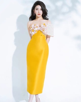Beading big bow temperament wrapped chest yellow dress