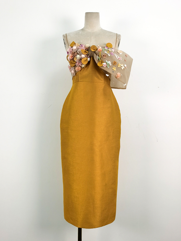 Beading big bow temperament wrapped chest yellow dress