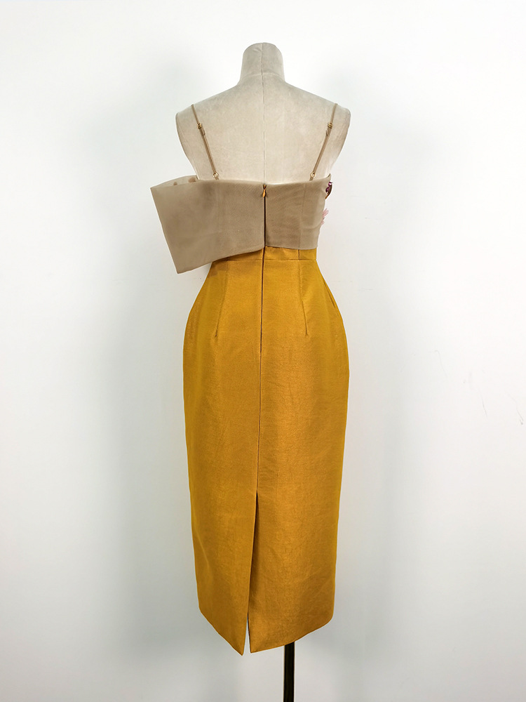 Beading big bow temperament wrapped chest yellow dress