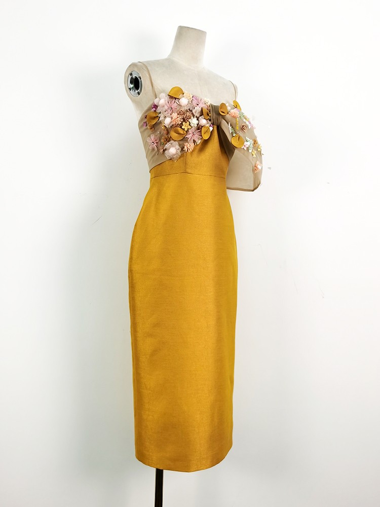 Beading big bow temperament wrapped chest yellow dress