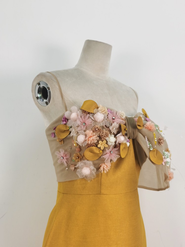 Beading big bow temperament wrapped chest yellow dress